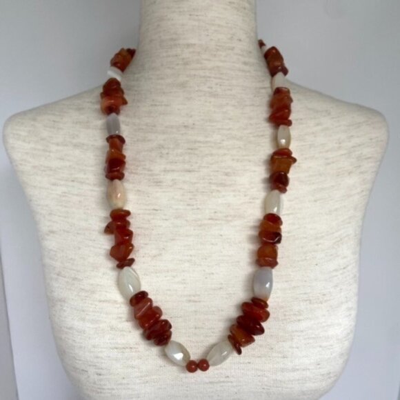 VTG Artisan Chunky Graduated Carnelian & Quartz Beaded Necklace 28" Stone 167g - Picture 1 of 16